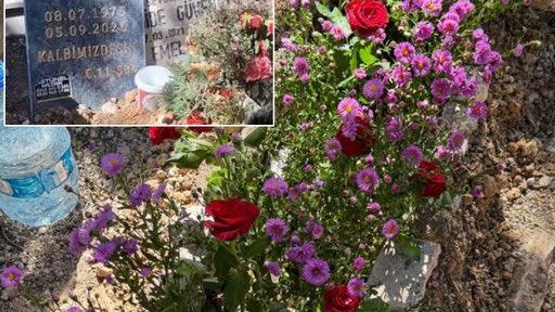 Serhat Kılıç’ın çiçeklerle çevrili kabri ve mezar taşının görüldüğü sosyal medya görüntüsü.