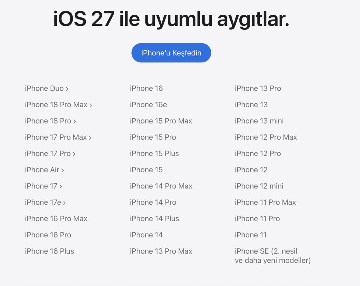 Lista que muestra los modelos de iPhone compatibles con iOS 27.
