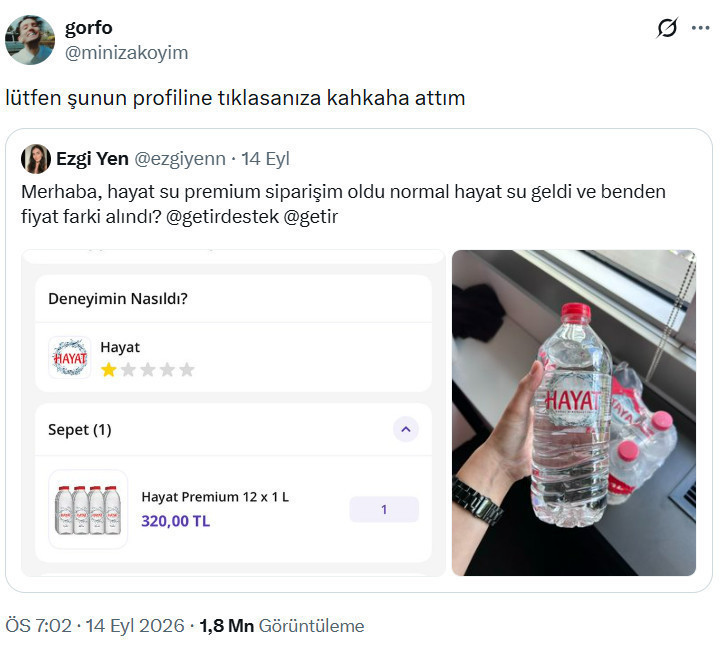 A screenshot of a user post quoting Ezgi Yen’s water order complaint on X.