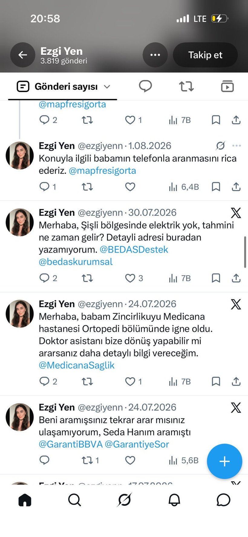 A screenshot showing various posts where Ezgi Yen tagged institutions on her X profile.