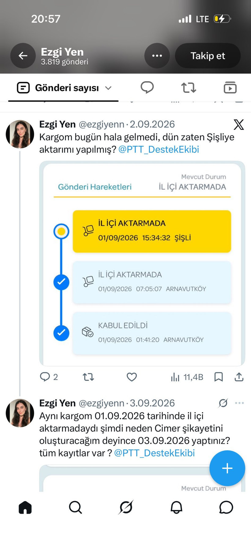 An X profile screenshot showing cargo complaints directed at the PTT support account.