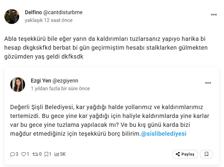 A social media screenshot quoting a post about snow removal and salting directed at Şişli Municipality.