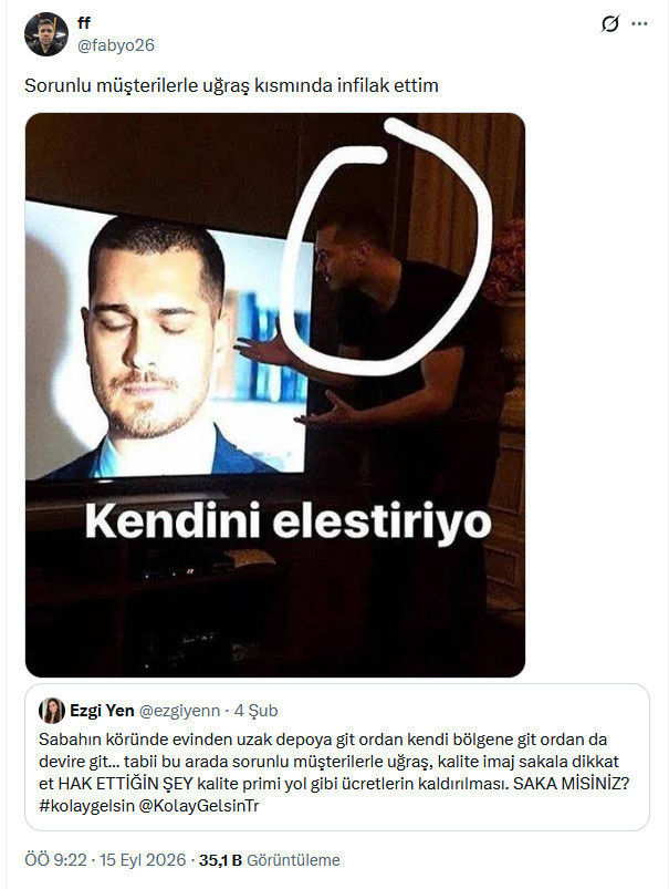 A screenshot of a humorous X post quoting a post directed at Kolay Gelsin.