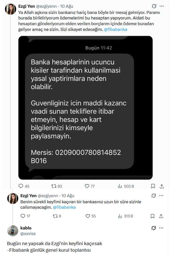 A screenshot showing a complaint directed at Fibabanka and the comments made on this post.
