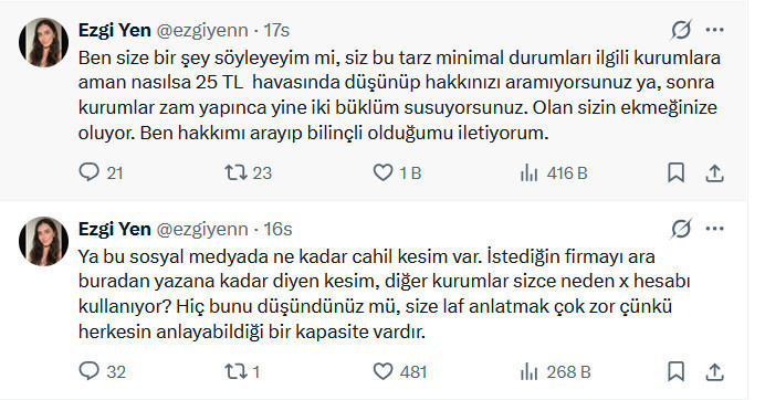 A screenshot of Ezgi Yen’s X posts responding to criticisms regarding small-amount complaints.