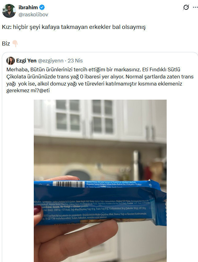 A social media screenshot showing a question directed at a brand regarding the content of a food product.