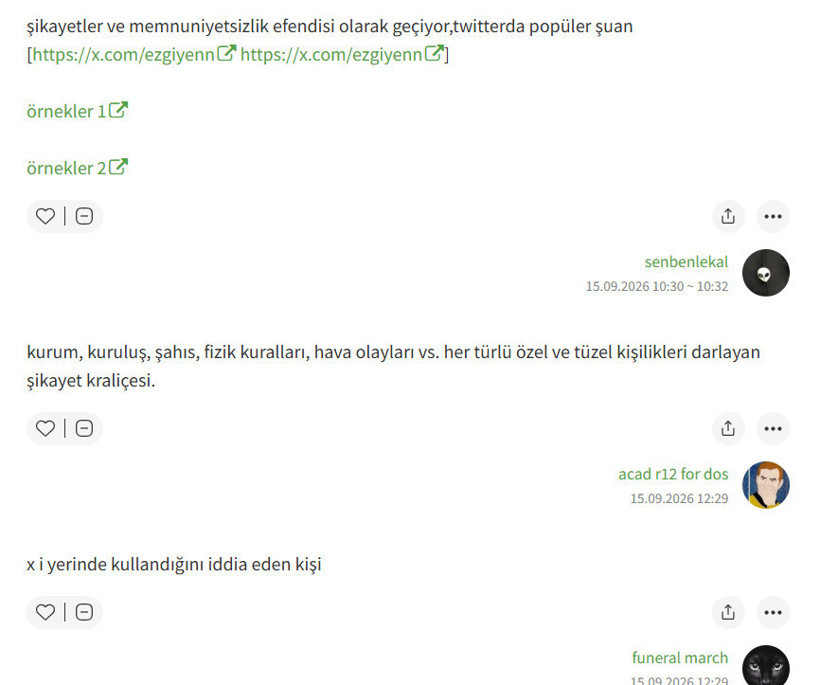 A screenshot consisting of entries made about Ezgi Yen on Ekşi Sözlük.