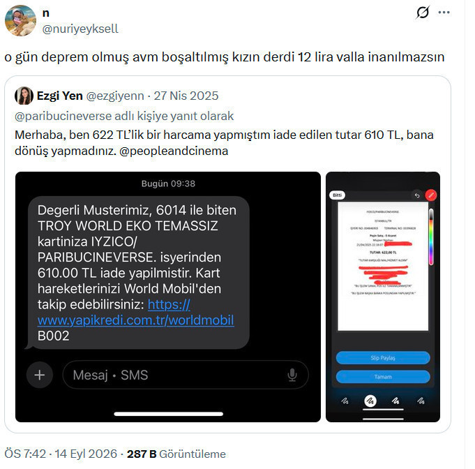 A screenshot of an X post quoting a post regarding a Paribu Cineverse refund.