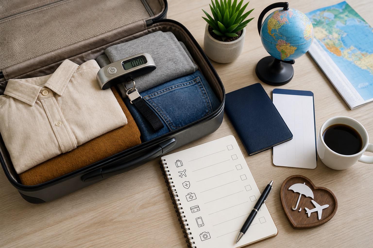 An open suitcase, a luggage scale, and a checklist showing travel preparations.