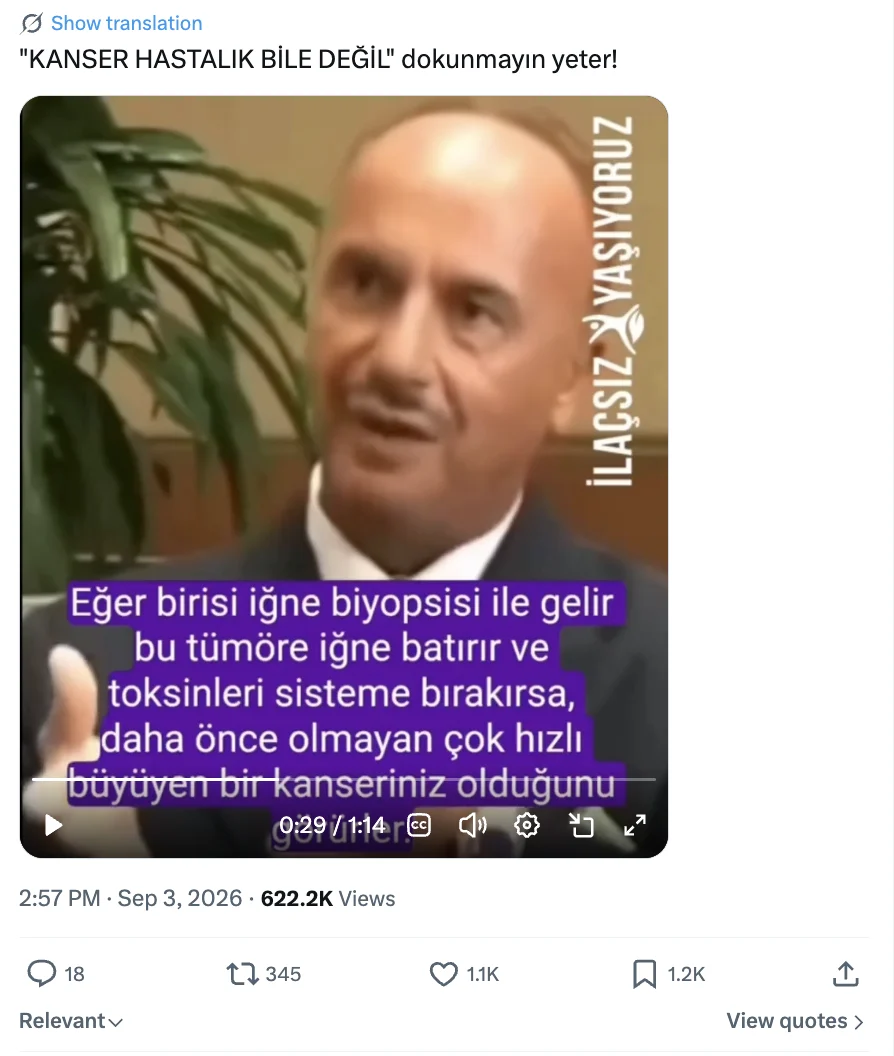 Screenshot che mostra l'affermazione condivisa sui social media riguardo all'agobiopsia.