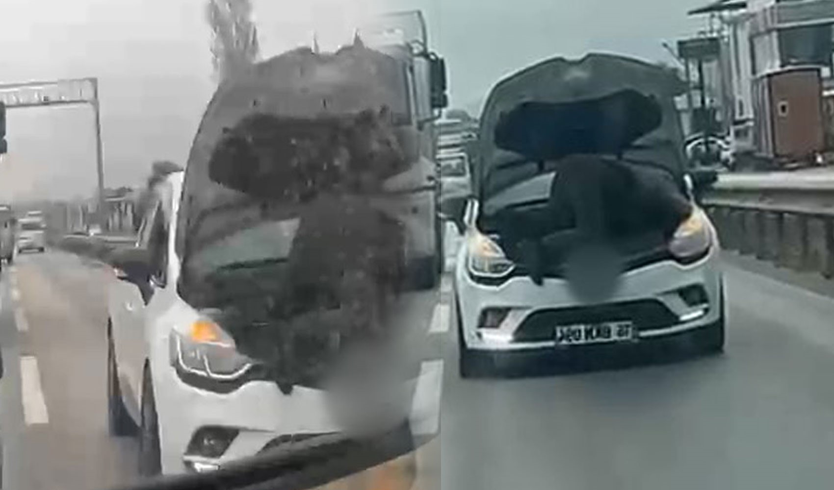 Seyir halindeki otomobilin kaputunu açarak tamir yaptı
