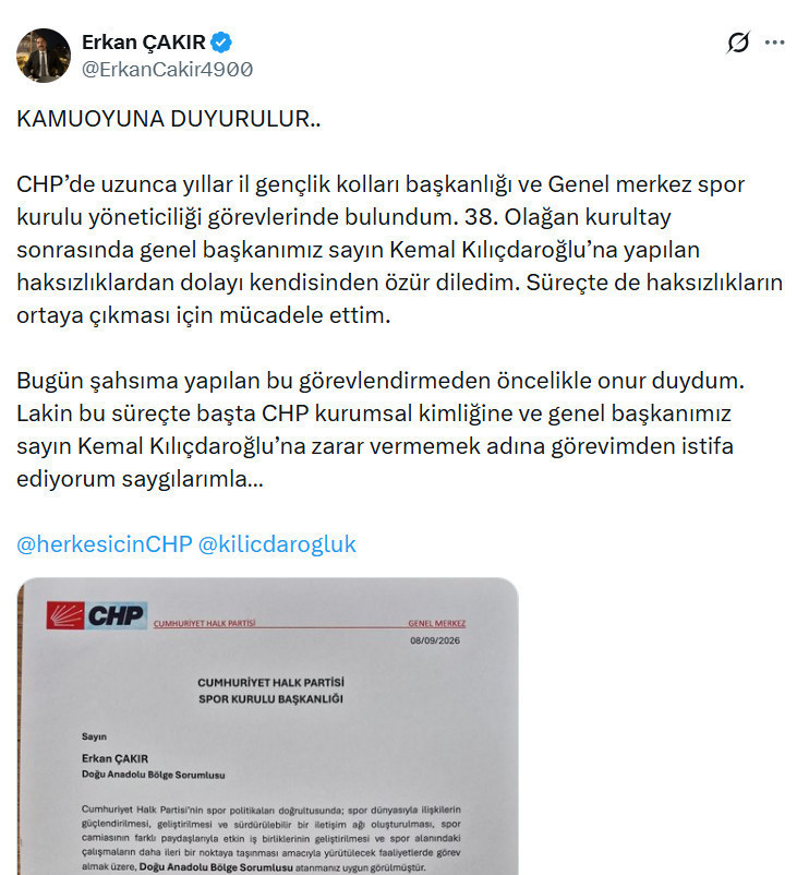 Erkan Çakır’s social media post shows his resignation statement and the appointment letter.