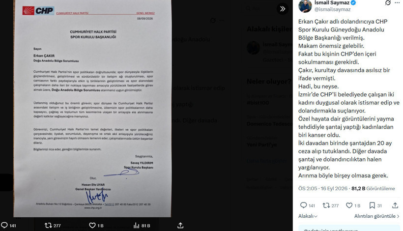A screenshot showing the CHP appointment letter and İsmail Saymaz’s social media post.