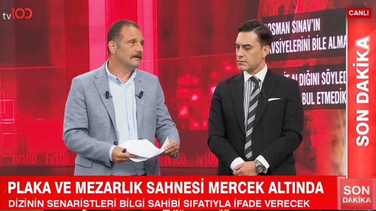 tv100 canlı yayınında iki gazetecinin stüdyoda konuştuğu ekran görüntüsü.