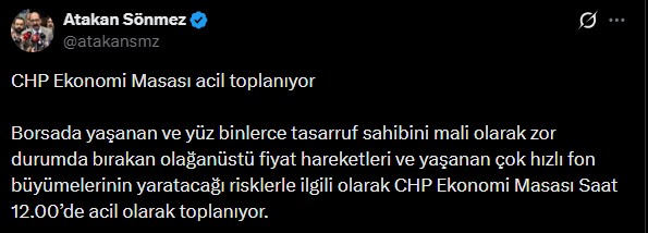 Screenshot of Atakan Sönmez's social media post regarding the emergency meeting of the CHP Economy Desk.