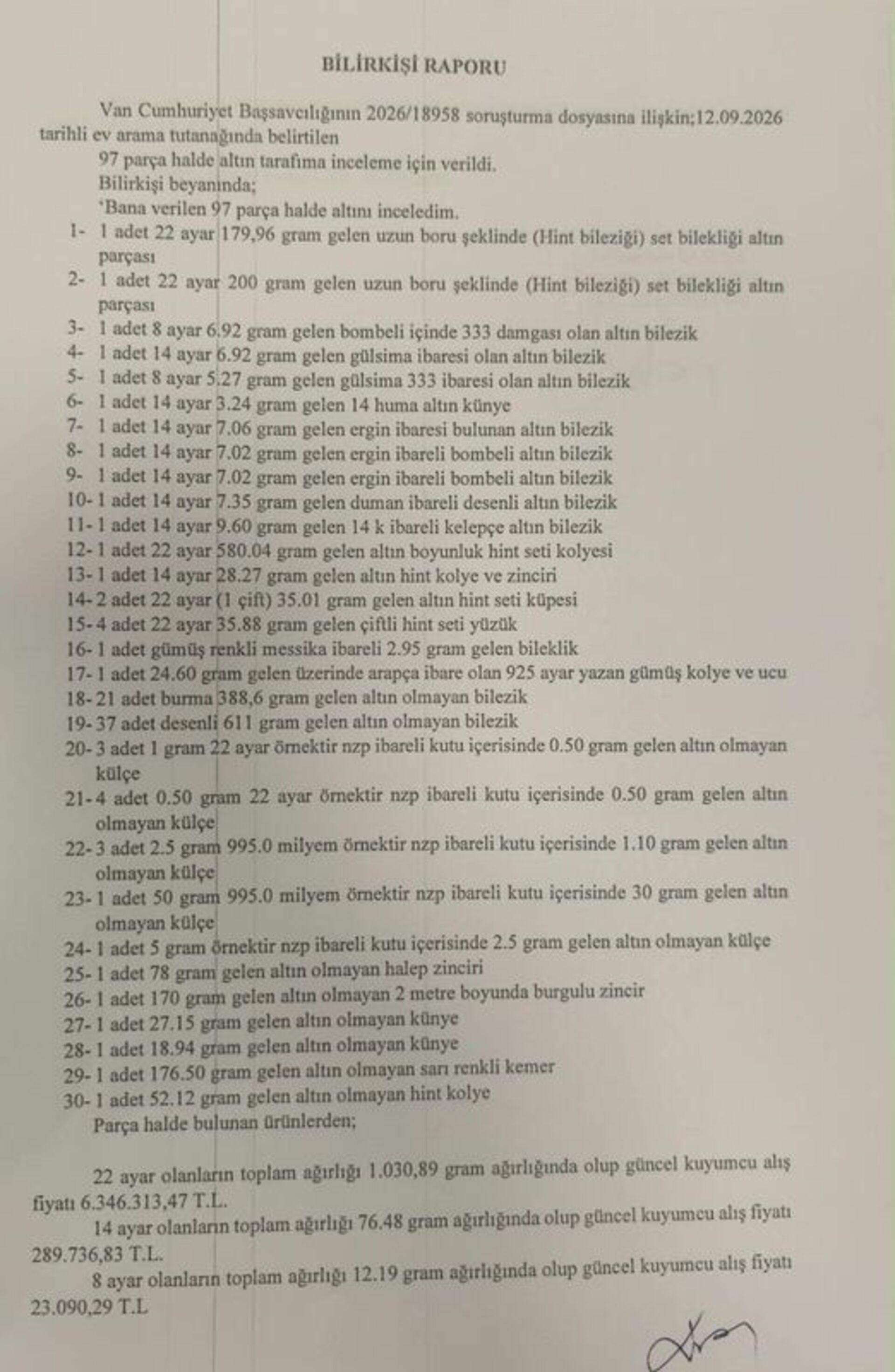 Düğünde takılan takılara ilişkin bilirkişi raporunun görüntüsü.