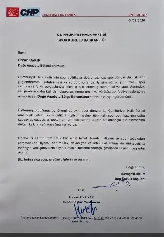 CHP Spor Kurulu Başkanlığı antetli, Erkan Çakır’ın Doğu Anadolu Bölge Sorumlusu olarak görevlendirilmesine ilişkin yazı.