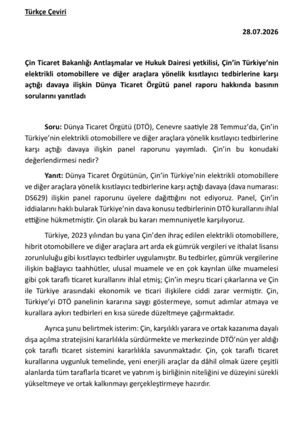 Çin Ticaret Bakanlığı açıklamasının Türkçe çeviri metnini gösteren belge.