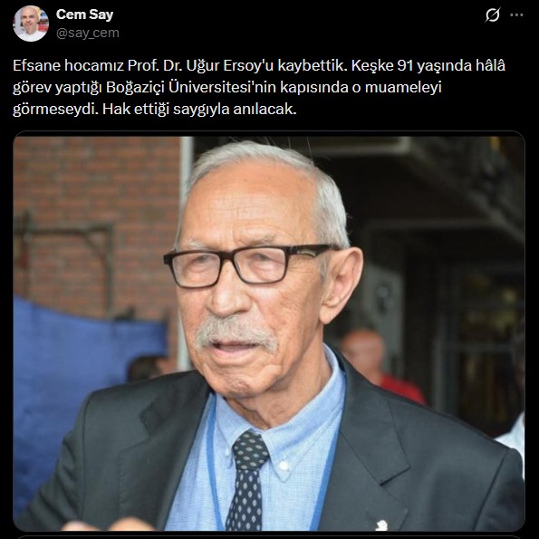 Captura de pantalla de la publicación en redes sociales de Cem Say sobre el fallecimiento del Prof. Dr. Uğur Ersoy.