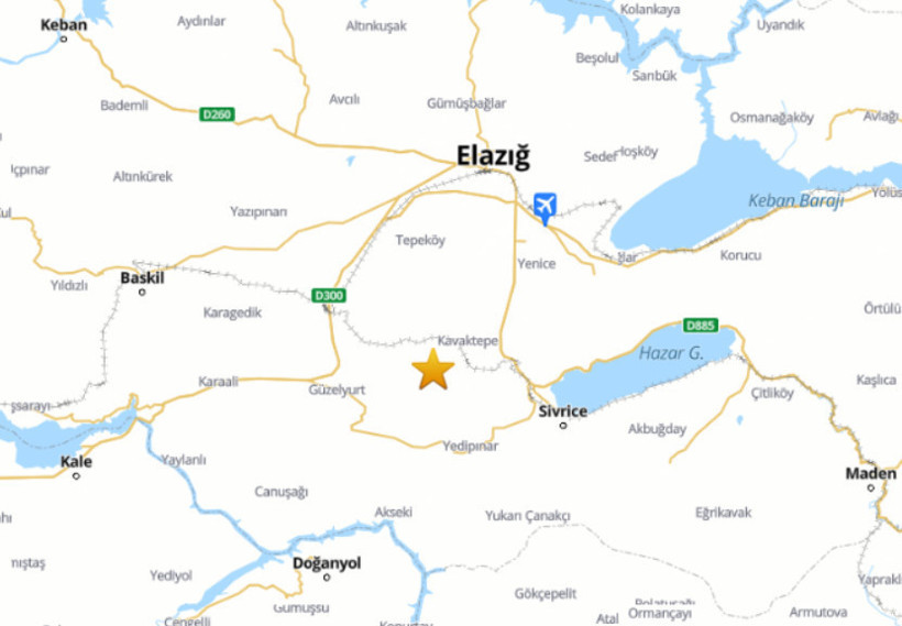 Elazığ ve Sivrice çevresini gösteren deprem konum haritası.