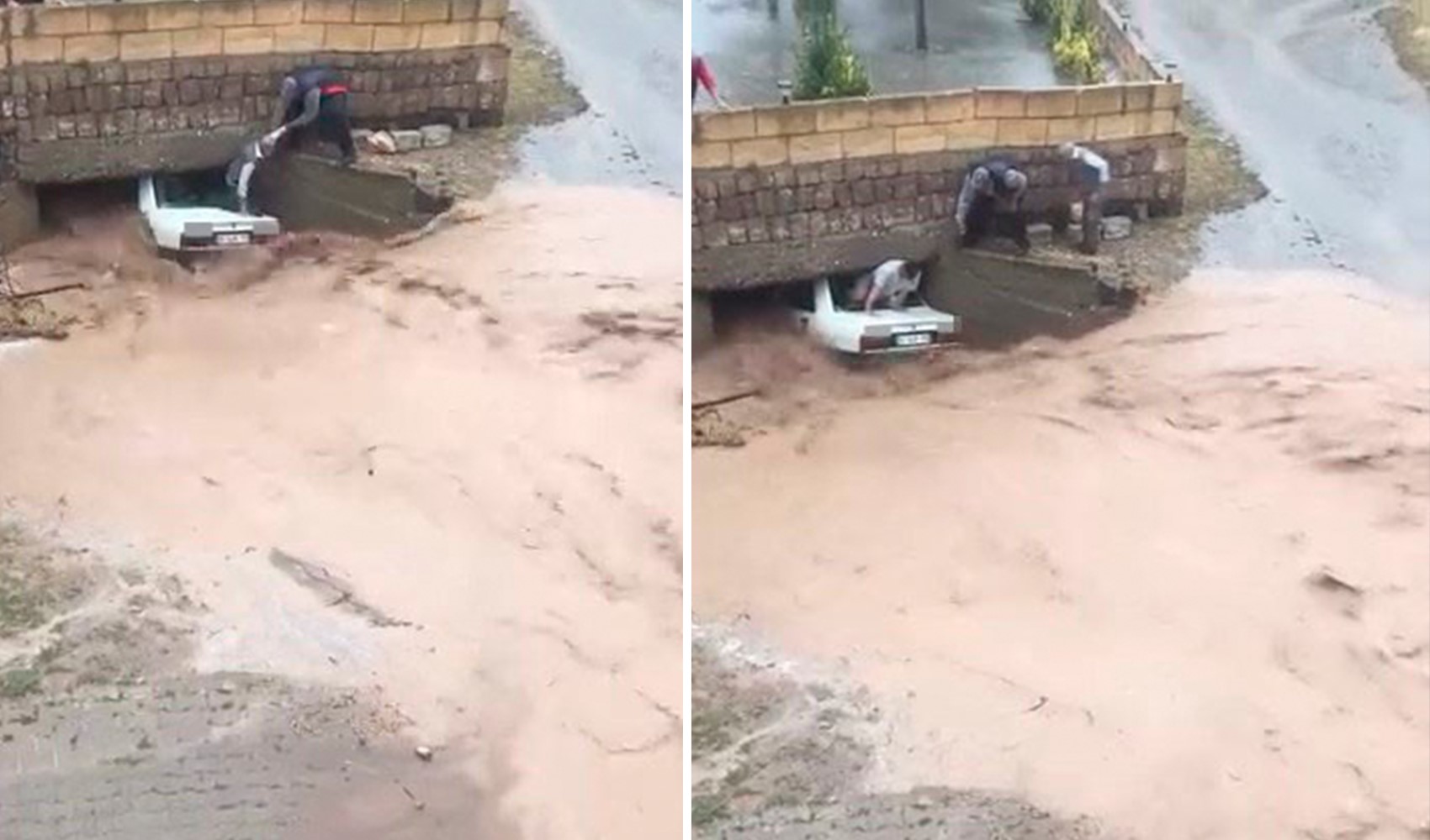 Sel suları aracı köprü altında sıkıştırdı: Yurttaşlar camı kırıp kurtardı