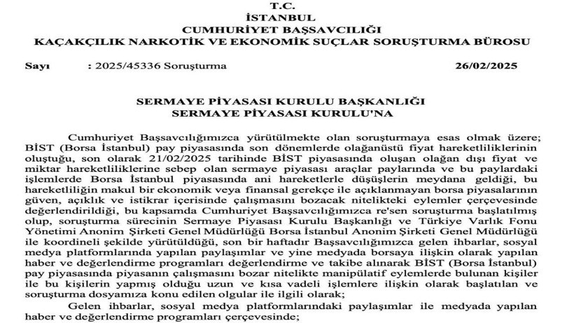 Image of the memorandum titled Istanbul Chief Public Prosecutor's Office Bureau of Investigation for Smuggling, Narcotics, and Economic Crimes.