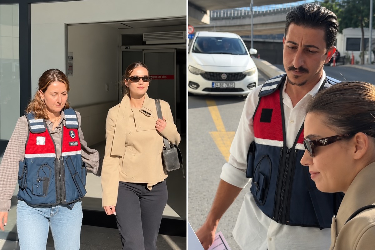 Afra Saraçoğlu'nun görevliler eşliğinde götürülmesini gösteren iki karelik fotoğraf kolajı.