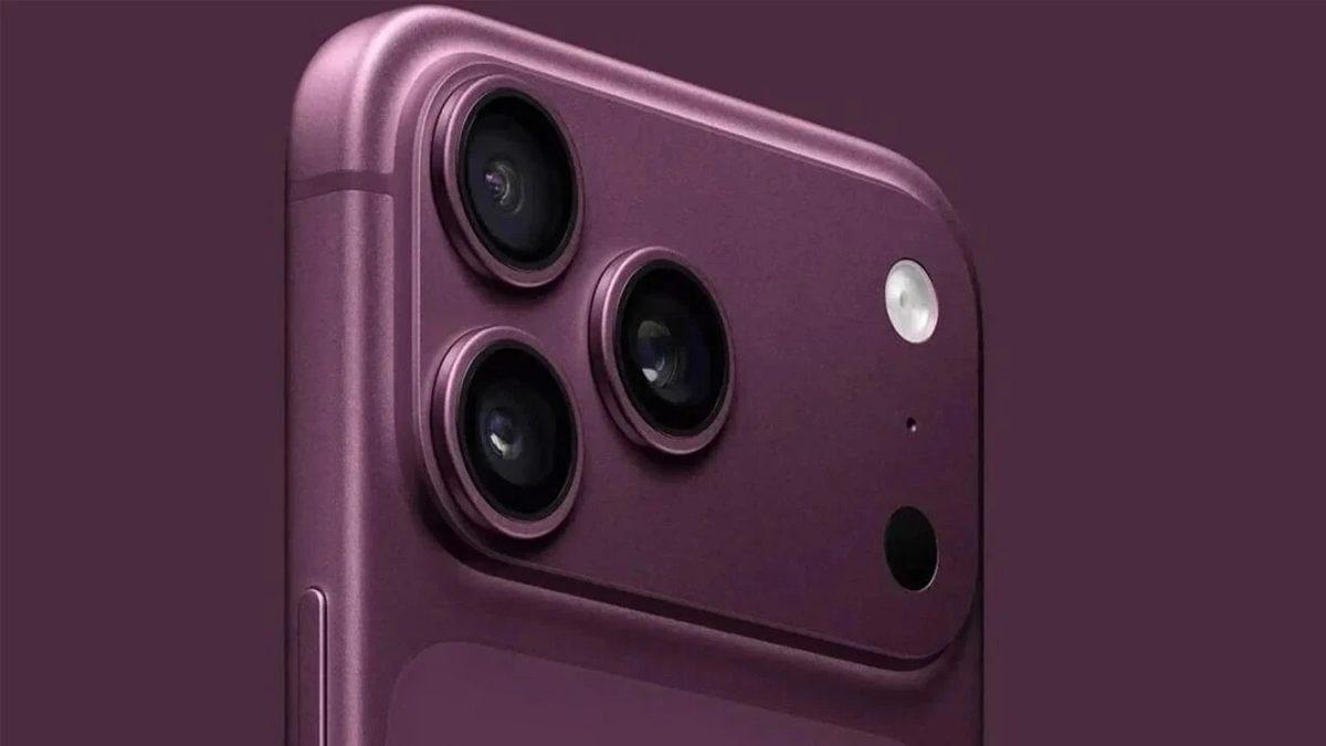 Close-up image showing the rear camera module of the purple iPhone 18 Pro Max.