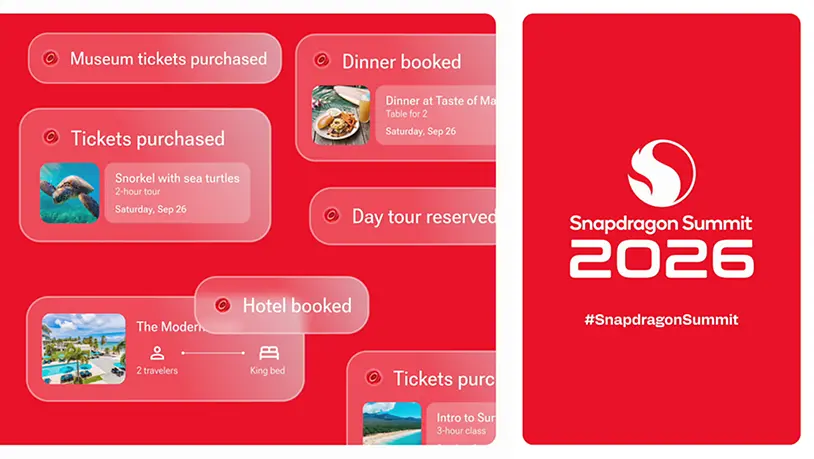 Snapdragon Summit 2026 görselinde yapay zeka destekli rezervasyon ve bilet satın alma bildirimleri yer alıyor.