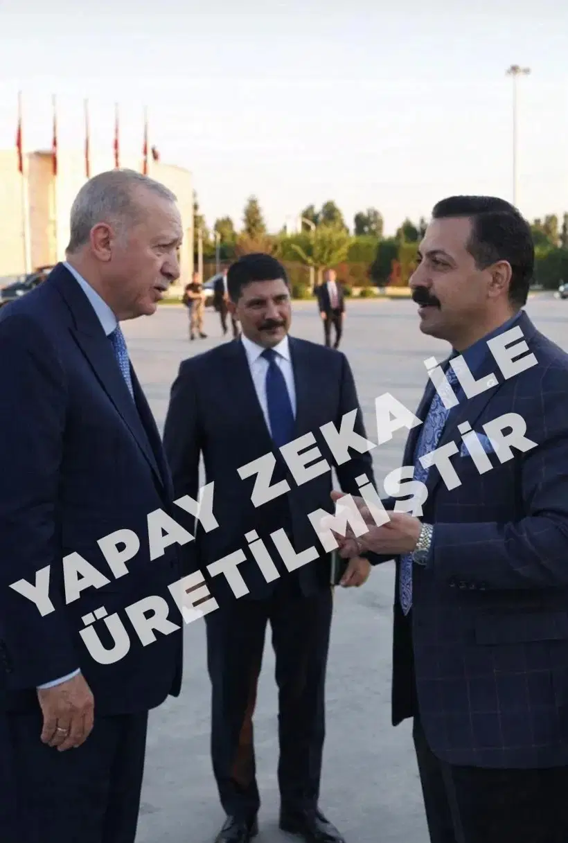 Cumhurbaşkanı Recep Tayyip Erdoğan ve Akın Gürlek ile birlikte gösterilen, üzerinde yapay zekâ ile üretildiğine dair ibare bulunan görsel.