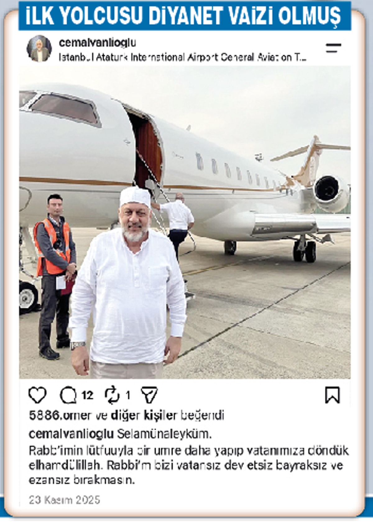 A social media post image taken in front of a private jet.