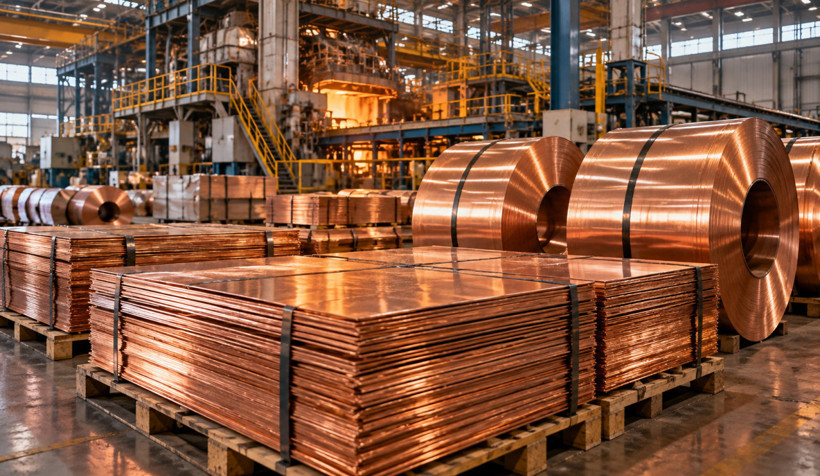 Industrial production facility with copper sheets and coils.