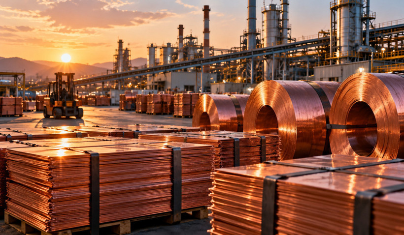 Industrial site with copper coils and sheets at sunset.
