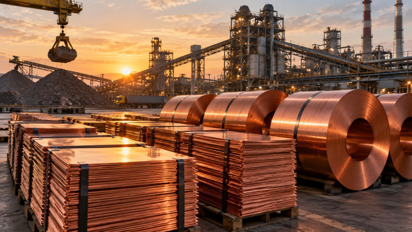 Industrial facility with copper products and piles of mineral ore.