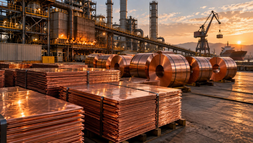 Stacked copper sheets and coils at an industrial facility near a port.