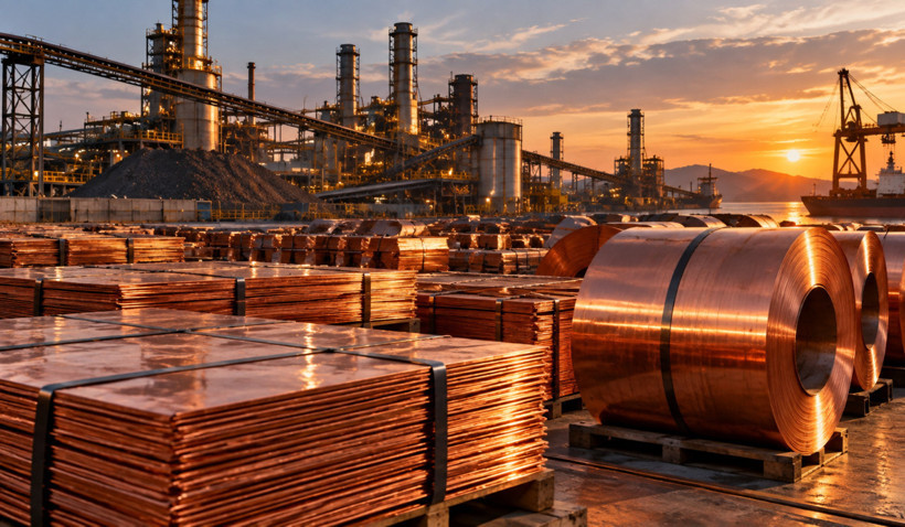 Sunset view featuring copper coils, sheets, and the silhouette of an industrial facility.