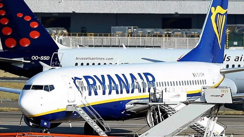 A Ryanair plane seen parked at the airport.