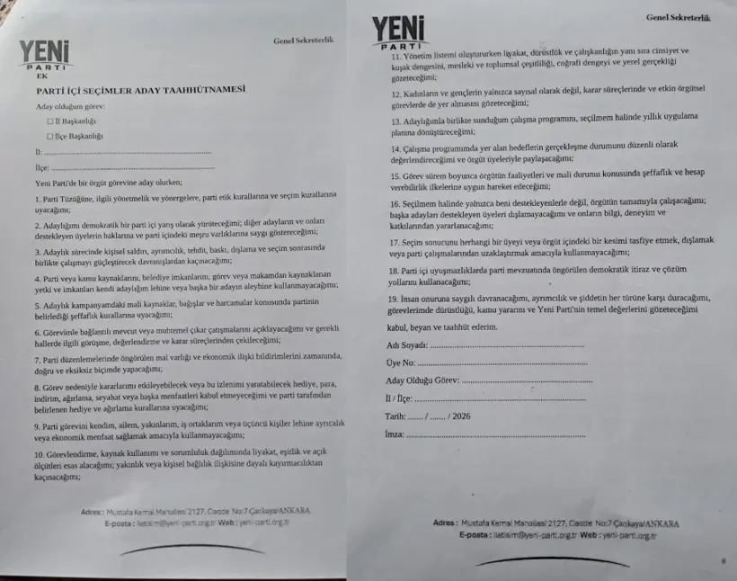 YENİ Parti logosu bulunan iki sayfalık Parti İçi Seçimler Aday Taahhütnamesi belgesi.