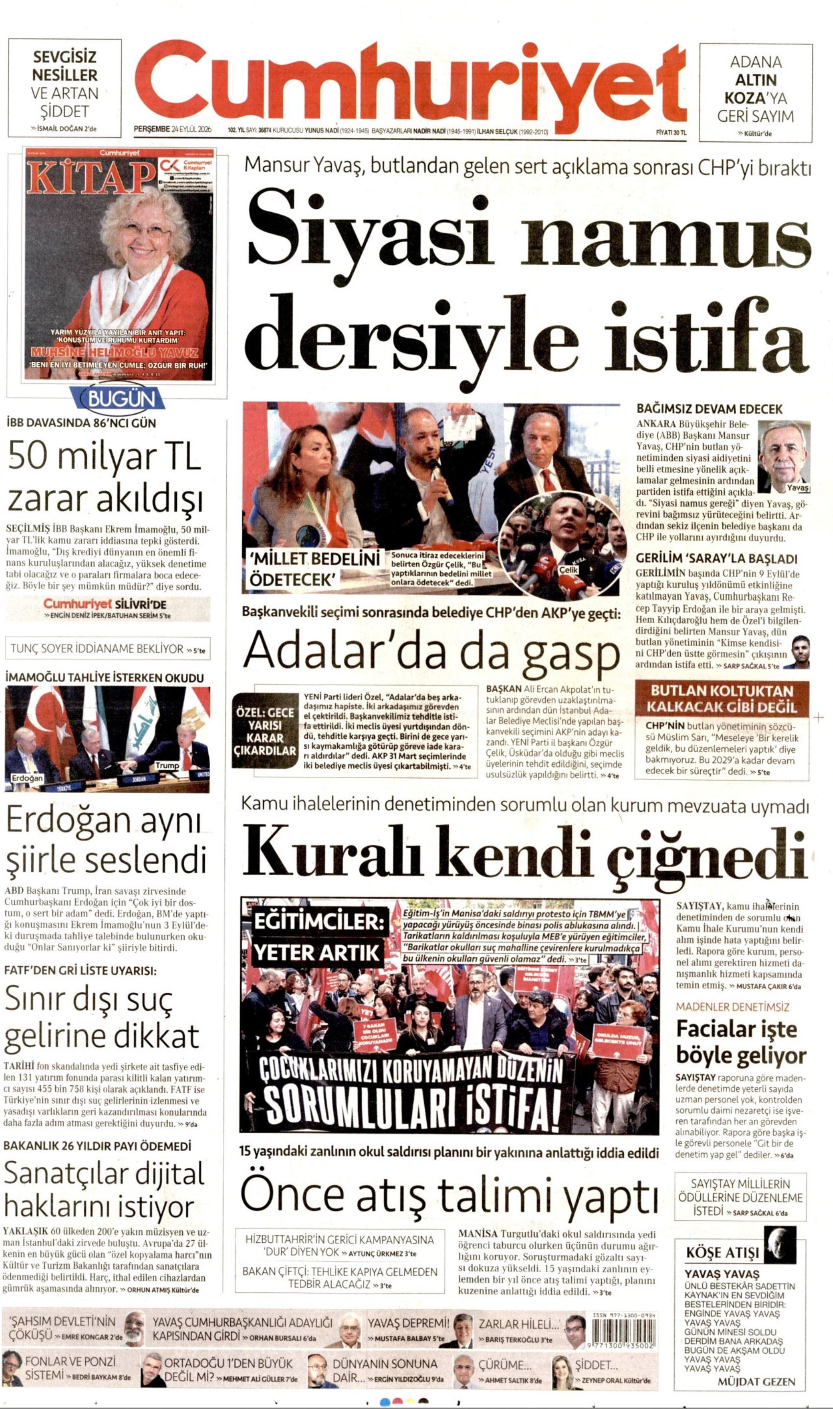 Gazeteler Mansur Yavaş'ın CHP'den istifasını nasıl gördü? (24 Eylül 2026 gazete manşetleri)