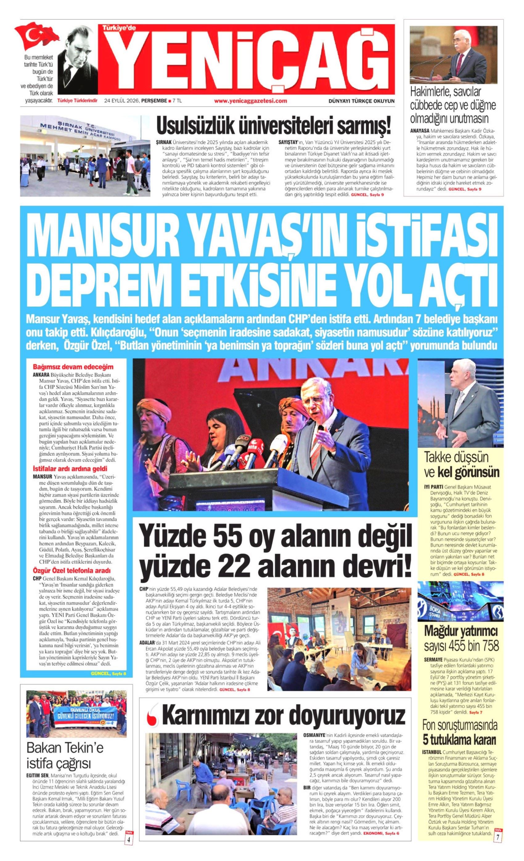 Gazeteler Mansur Yavaş'ın CHP'den istifasını nasıl gördü? (24 Eylül 2026 gazete manşetleri)