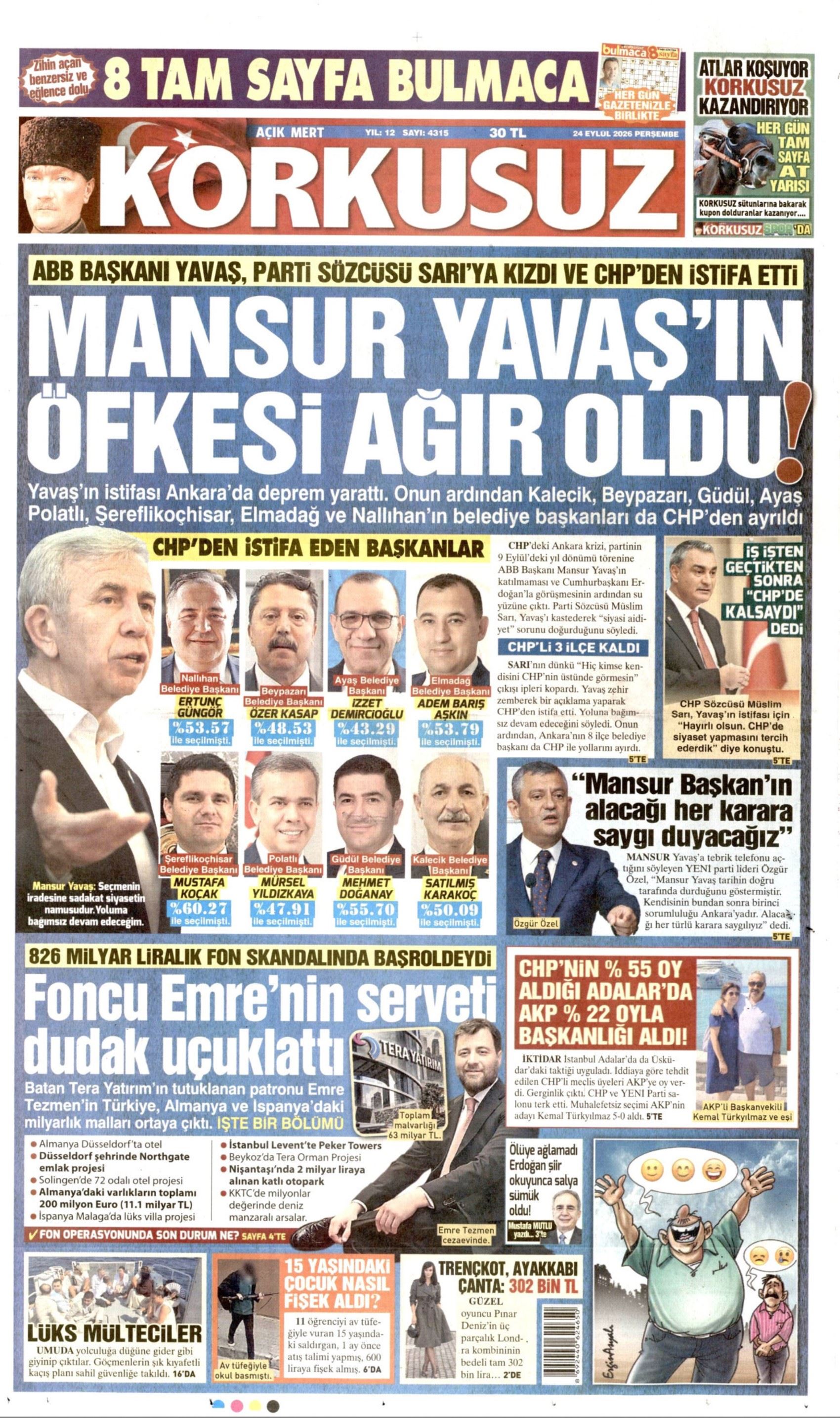 Gazeteler Mansur Yavaş'ın CHP'den istifasını nasıl gördü? (24 Eylül 2026 gazete manşetleri)