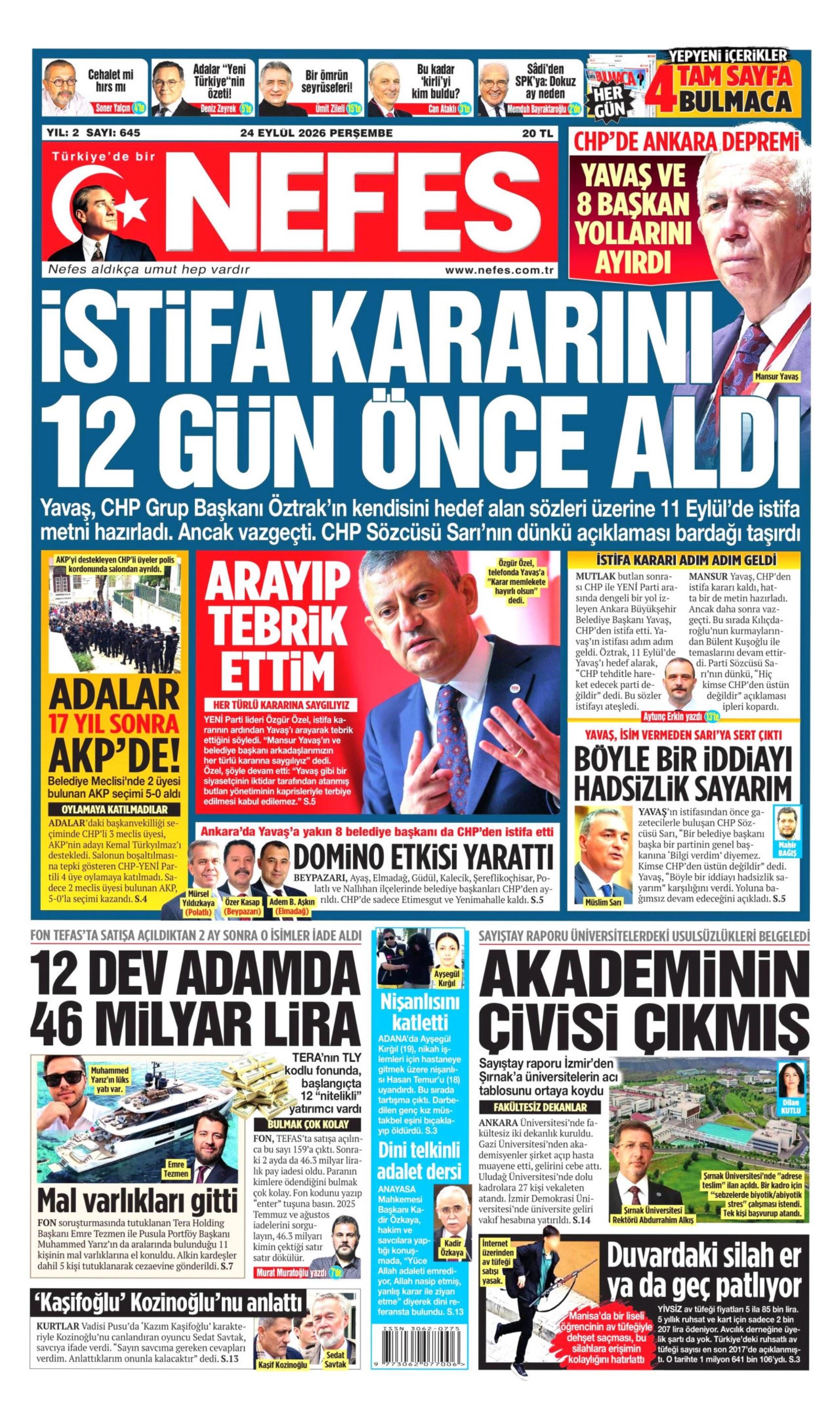 Gazeteler Mansur Yavaş'ın CHP'den istifasını nasıl gördü? (24 Eylül 2026 gazete manşetleri)