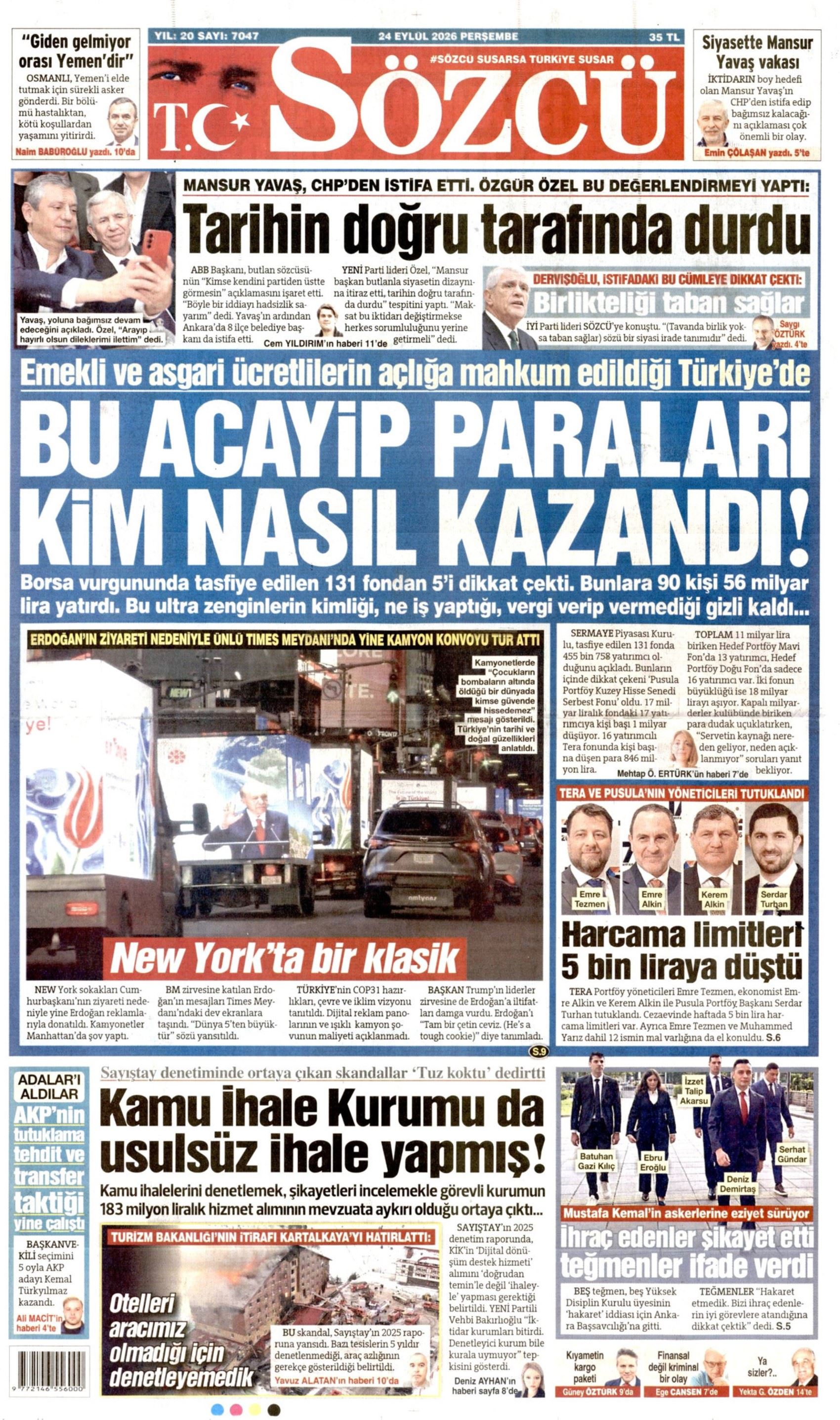 Gazeteler Mansur Yavaş'ın CHP'den istifasını nasıl gördü? (24 Eylül 2026 gazete manşetleri)
