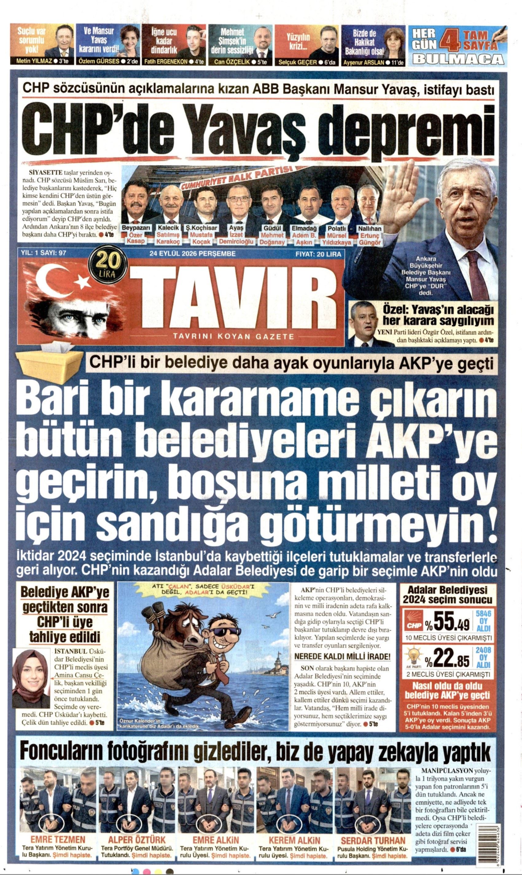 Gazeteler Mansur Yavaş'ın CHP'den istifasını nasıl gördü? (24 Eylül 2026 gazete manşetleri)