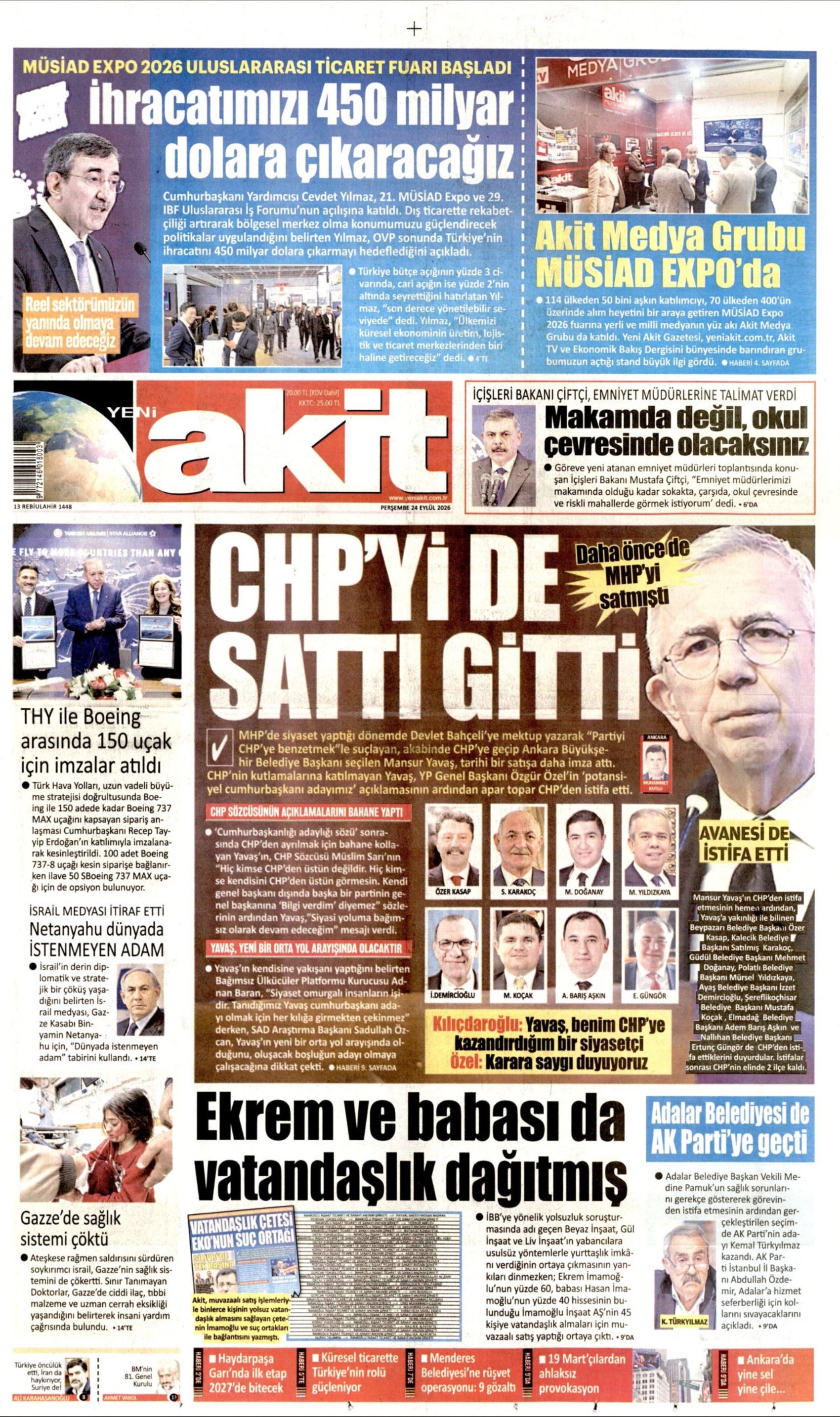 Gazeteler Mansur Yavaş'ın CHP'den istifasını nasıl gördü? (24 Eylül 2026 gazete manşetleri)