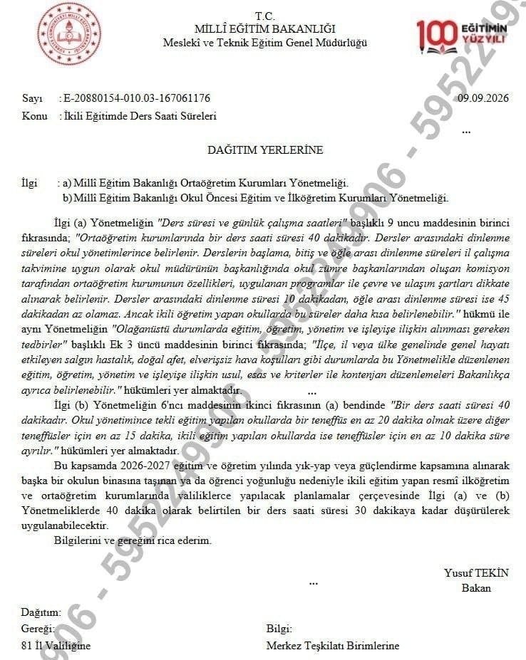 Milli Eğitim Bakanlığı tarafından valiliklere gönderilen ders süresi düzenlemesine ilişkin resmi yazı.