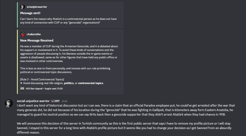 Discord yazışmalarında Atatürk fotoğrafı nedeniyle yapılan ban itirazına verilen yanıt görülüyor.