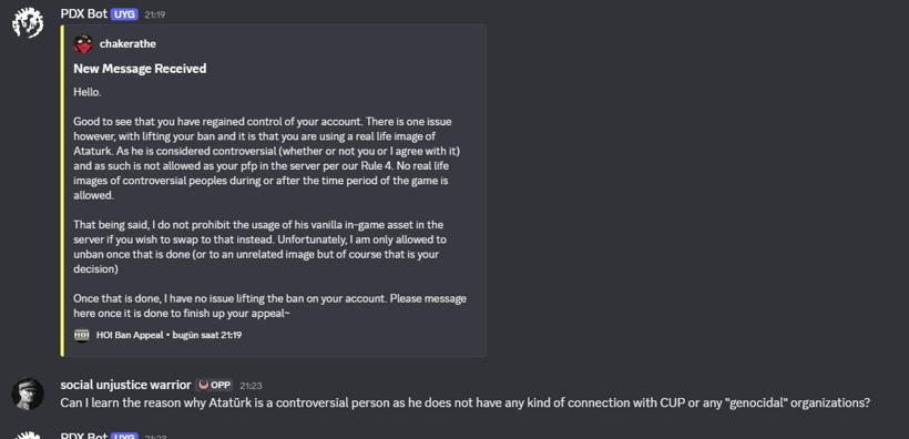 Paradox Discord destek botu üzerinden gönderilen ve Atatürk fotoğrafının profil resmi olarak kullanılmasına itiraz eden mesaj.