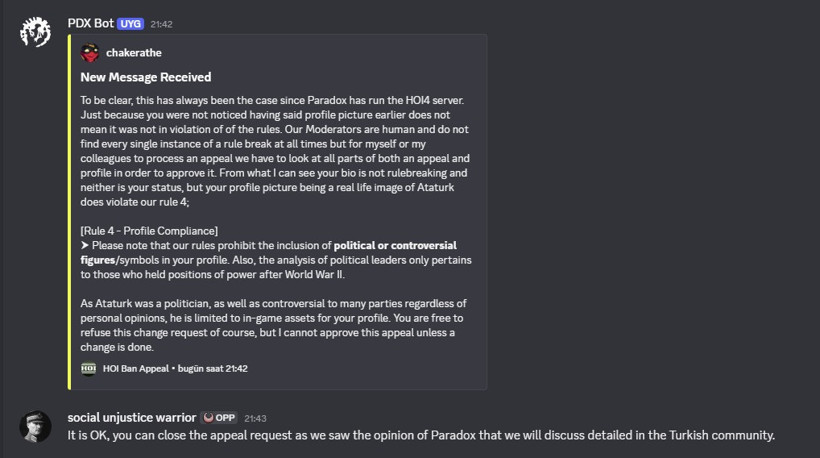 Discord destek mesajında Atatürk fotoğrafının profil uyumluluğu kuralı kapsamında değerlendirildiği yazışma ekranı.