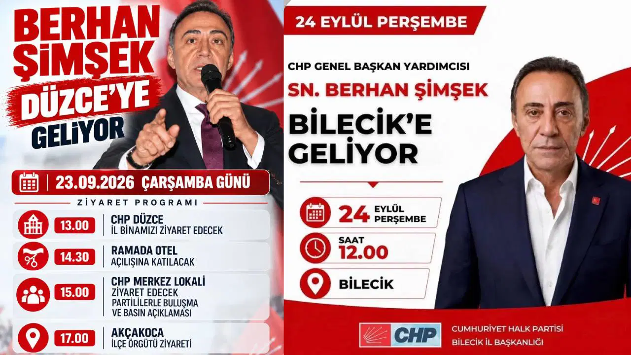 Berhan Şimşek’in Düzce ve Bilecik ziyaret programlarını gösteren afişler.
